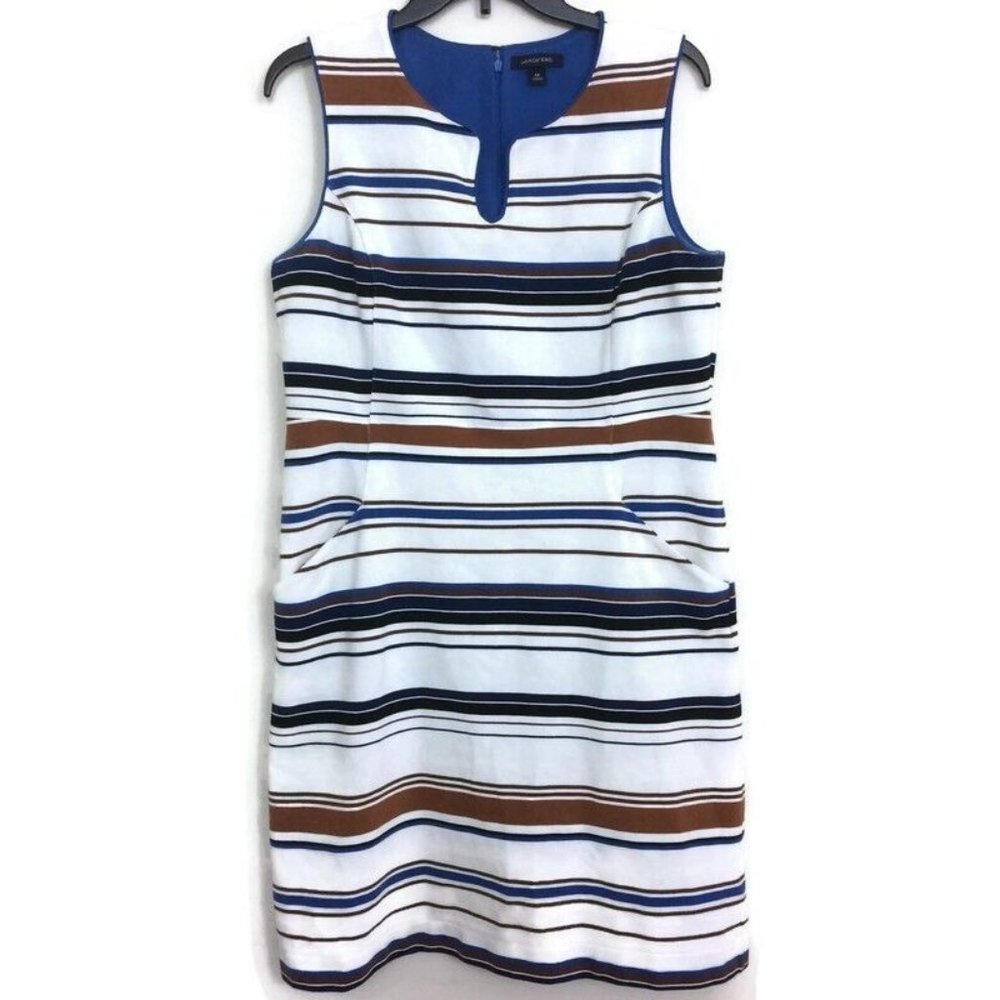 Lands End Women Sleeveless Sheath Dress Striped White Blue Brown Pockets Size 14